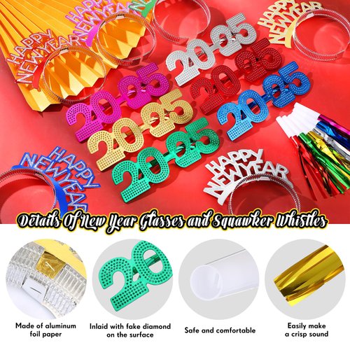 Fabbay 36 Pcs 2025 New Years Eve Party Supplies Include 12 Pieces Happy New Year Headband 12 Pcs 2025 New Year Eyeglasses and 12 Fringed Noise Makers for New Year Party Favors Adults (Multi Color)