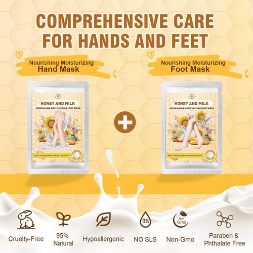 TEAWOO Hydrating Hand and Foot Mask, 3 Foot & 3 Hand Mask, Hand and Foot Care after Pedicure, Moisturizing Socks for Dry, Cracked Heel, Foot Spa, Honey & Milk, Vitamin E