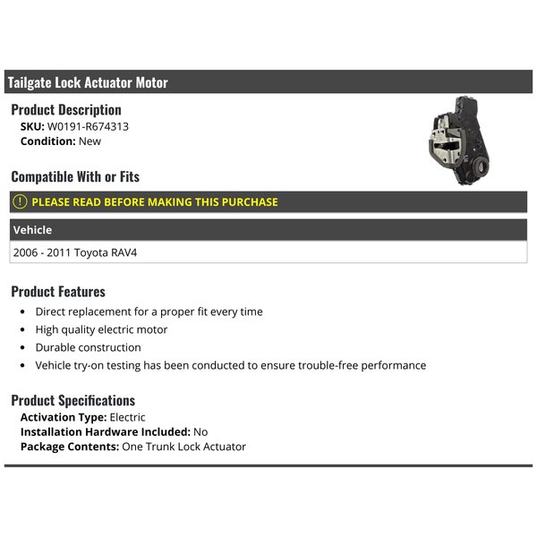 Electric Tailgate Trunk Lock Actuator Motor - Compatible with 2006-2011 Toyota RAV4