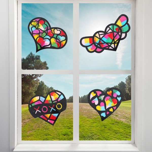 Yeaqee 24 Pack DIY Suncatcher Paper Crafts Stained Glass Effect Paper Suncatchers, 700 Tissue Papers, Window Art Arts and Crafts for Party Favors Toys(Heart)