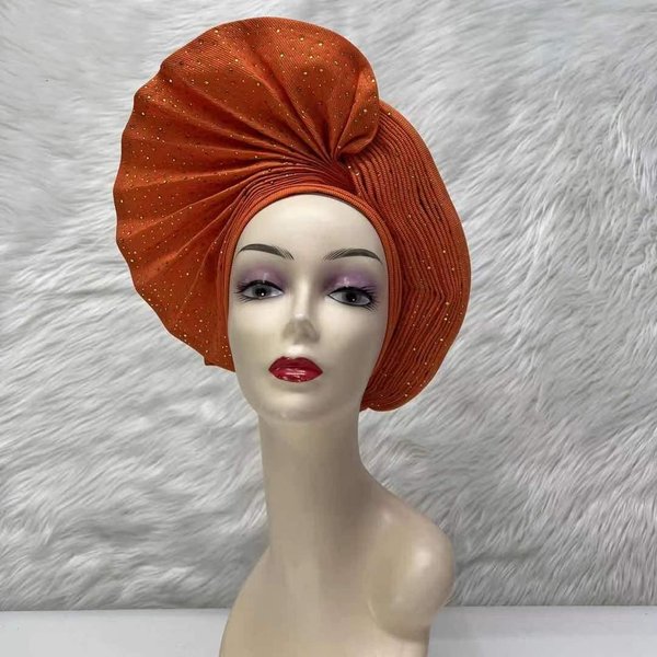 SugeGasa Already Made Nigerian Aso Oke Auto Gele With Stones Women Turban Hat Head Wrap African Headties Fashion Headbands For Party (Orange)