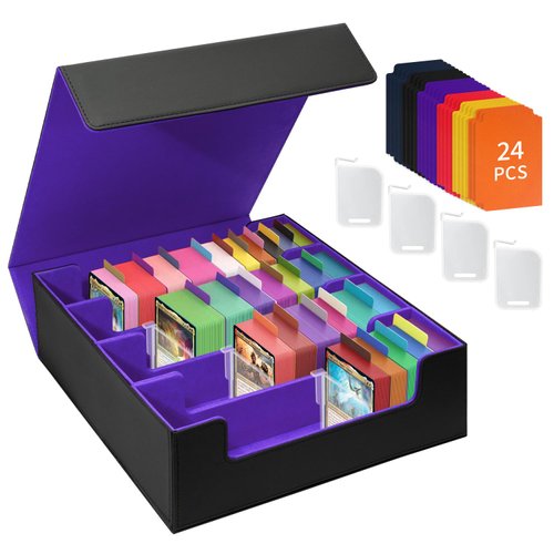HESPLUS Card Deck Storage Box for Trading Cards 3000+MTG Deck Box with 24 Colorful Divider Tabs,Card Supporters PU Leather Trading Card Storage for Magic Game Cards TCG and Sport Cards (Black Purple)