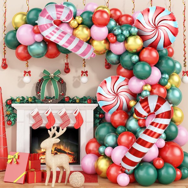 Christmas Balloon Arch Kit, Green Pink Red Christmas Balloon Garland Arch Kit with Metallic Gold Green Balloons Candy Cane Foil balloon for Christmas Party Decorations New Year Xmas Party Supplies