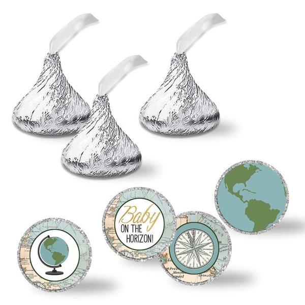 Adventure Awaits World Traveler Gender Neutral Baby Shower Kiss Sticker Labels, 300 Party Circle Sticker sized 0.75” for Chocolate Kisses, Great for Party Favors, Envelope Seals & Goodie Bags