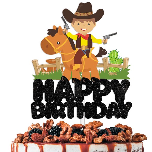 Cowboy Happy Birthday Cake Topper Decorations with Boys for Western Theme Kids Birthday Party Decor Supplies