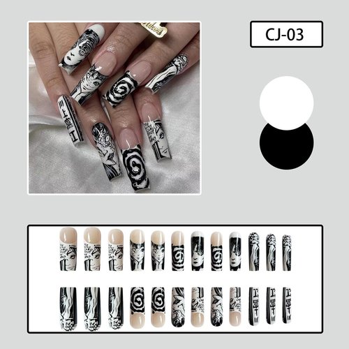 24Pcs Square French Tip Press on Nails Long Fake Nails Punk Cartoon Anime Design Nail Art Supplies Black White Full Cover Coffin False Nails Glue on Nails for Women Girls Manicure Decoration Decor