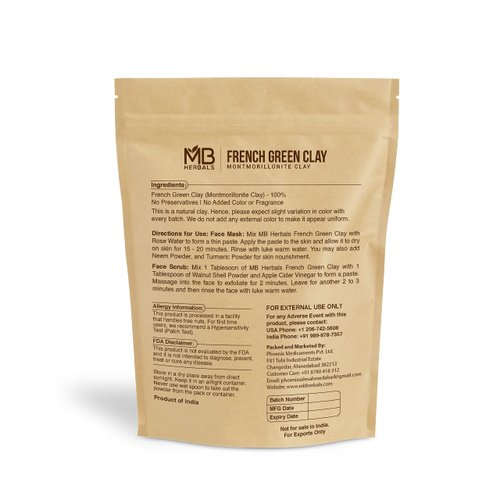 MB Herbals French Green Clay 100g | (3.5 oz) | 100% Pure Montmorillonite Clay | Absorbs Excess Oil | Detoxifies Skin | Recommended For Oily Skin | Mined and Processed in India