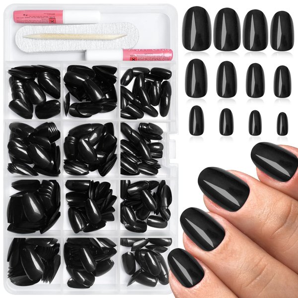 Bellelfin 360Pcs Short Press on Nails, Glossy Short Oval Fake Nails Black Acrylic Press on Nail Oval Press on False Nails with Glue and 5 Sheets Jelly Tabs for Women Girls Fingernails Artificial