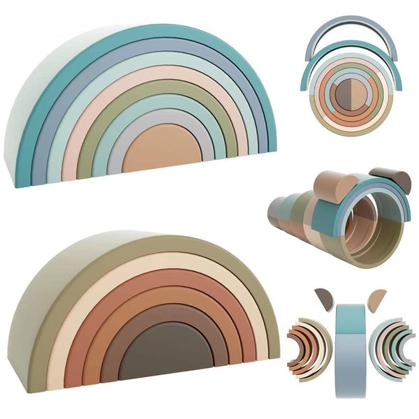 TOYHDAYO Rainbow Stacker 14PC Early Childhood Montessori Toys Nesting Puzzle Building Blocks Silicone Stacking Toys Educational Toys 2 Set