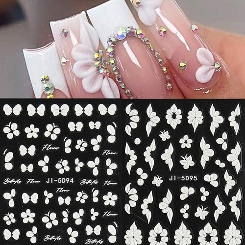 Flower Nail Art Stickers Decals, White Flower Petal Nail Stickers for Nail Art, 5D Embossed Floral Butterfly Design Nail Decals Flower Nails Adhesive Slider for Summer Nail Art Decorations Supplies