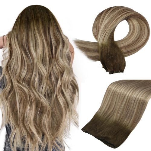 Full Shine Sew in Hand Tied Weft Hair Extensions 60 Gram Real Human Hair Weft Balayage Hair Extensions Silky #3/8/22 Brown to Light Blonde Mix Walnut Brown 24 Inch