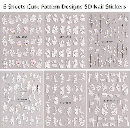 5D Flowers Nail Art Stickers, 6 Sheets Relief Flower Nail Decals Self Adhesive Nail Art Supplies White Flowers Butterfly Nail Stickers for Acrylic Nails Floral Nail Decorations for Women Nail Art DIY