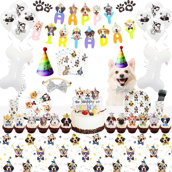 109pcs Dog Birthday Party Supplies,Dog Birthday Decorations Girl,Dog Theme Party Favor Set Includes Hats,Bow Tie,Birthday Banners,Balloon,Cake Topper,Cupcake Topper,Tablecioth,Plate,Fork,Cup,Straw