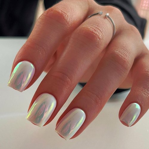 SXVME Aurora White Chrome Press on Nails Short Square,Mirror Effect Chrome Nails Press ons,Cute Gel Glue on Nails Short Coffin,Flashy Stick on Nails for Women,Petite False Nails for Home DIY in 24 PCS