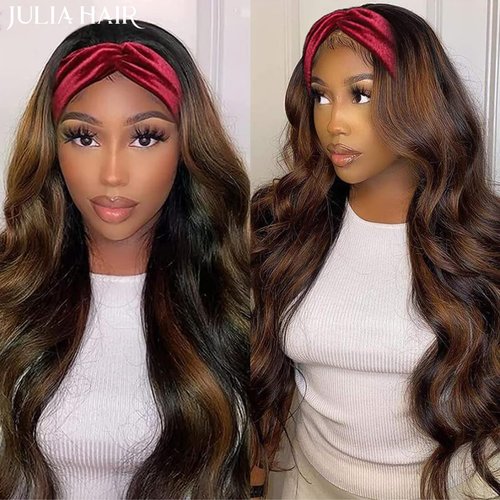 Julia Hair Ombre FB30 Colored Body Wave Headband Wig Human Hair Wigs for Women Brazilian Balayage Blonde Highlight Wavy Wigs Wear And Go None Lace Human Hair Wigs 150% Density 22inch