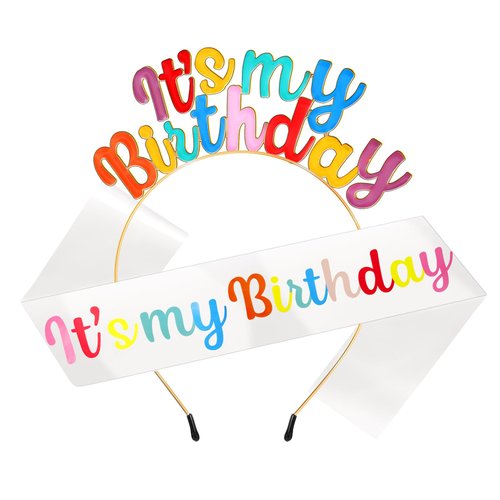 Rikastua Birthday Girl Sash and Tiara Crown for Women Girls,It's My Birthday Rainbow Birthday Headband & Sash Set, Sweet Happy Birthday Party Decorations Headpiece Accessories,Colorful