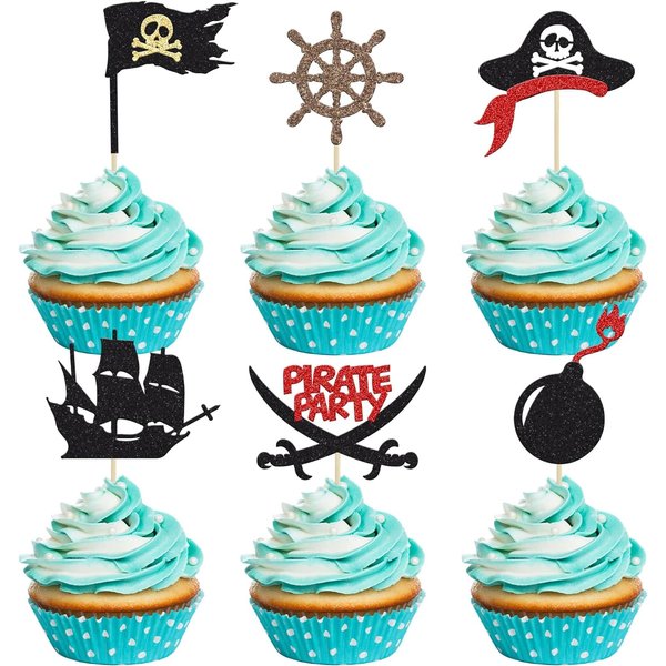 Confetti! 24Pcs Pirate Cupcake Toppers Black Glitter Nautical Sailing Skull Cap Cupcake Picks for Pirate Theme Baby Shower Kids Birthday Party Cake Decorations Supplies