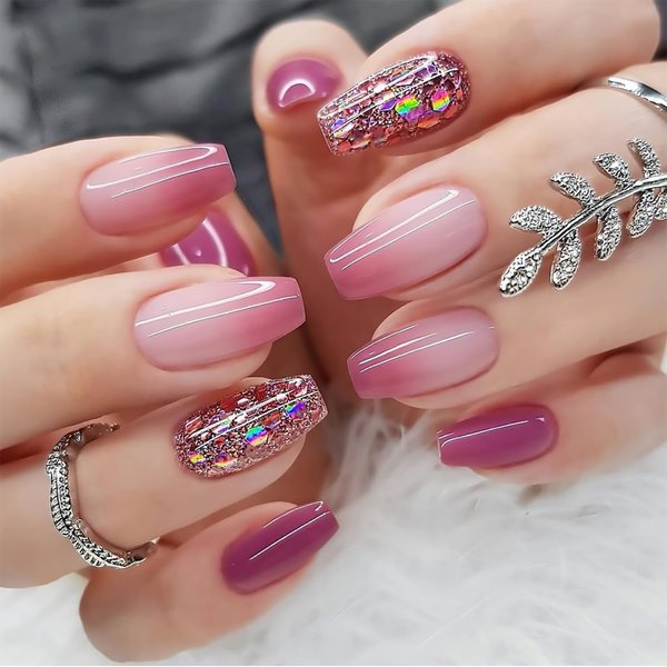 Purple Press on Nails Coffin Short Fake Nails Glossy False Nails with Pink Gradient Designs Purple Glitter Full Cover Stick on Nails Acrylic Ballerina Artificial Nails Glue on Nails for Women 24Pcs