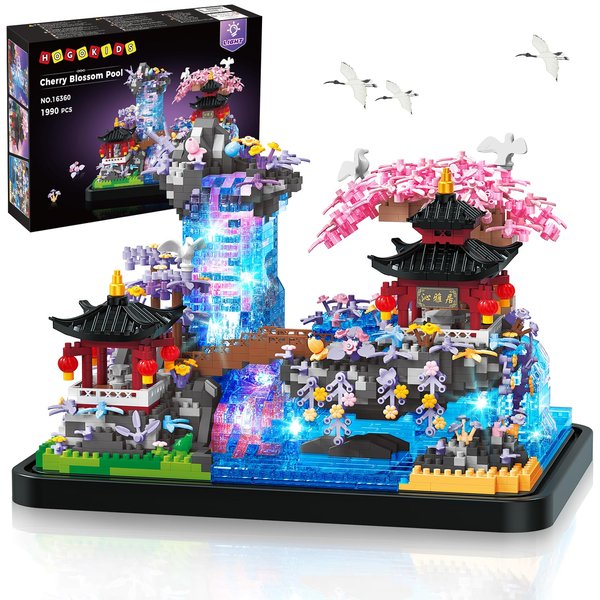 HOGOKIDS Cherry Blossom Micro Building Set with Light - Japanese Cherry Tree House Pond Building Block Kit, Home Office Decor Japan Bonsai Tree Building Brick Gift for Adults 1990 PCS Micro Bricks