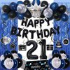 21st Birthday Decorations for Him, Blue Black Happy 21st Birthday Decorations for Men Women 21 Year Old Birthday Balloons Banner, Tablecloth, Fringe Curtains Hanging Swirls 21 Bday Party Decor for Her