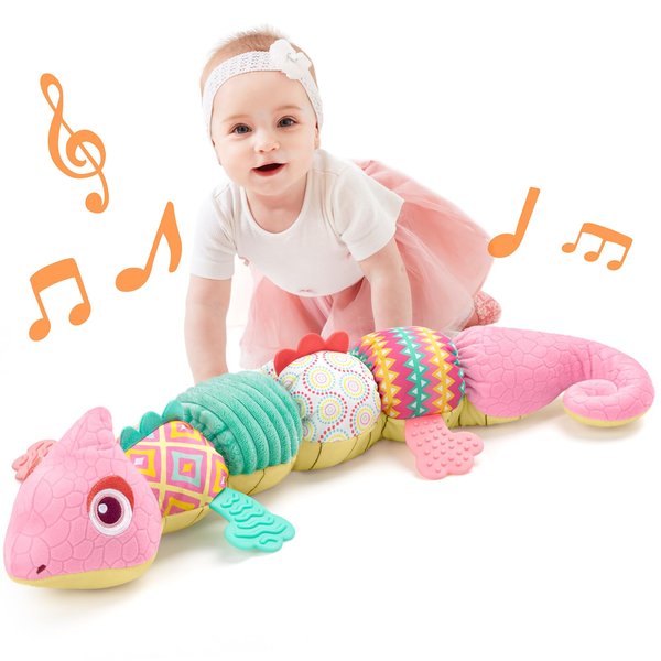 LIGHTDESIRE Baby Toys Musical Dinosaur,Infant Stuffed Animal Toys with Crinkle and Rattles,Soft Sensory Toys with Textures for Tummy Time Newborn Boys Girls 0 3 6 12 Months(Pink)