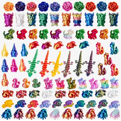 140 Pcs 3D Printed Mini Animals Set - Flowers, Owls, Puppies, Cats, Turtles, Spiders, Ducks, Spiders, Rats，2cm Figurines Gradient Colors, Safe Eco-friendly Material for Car，Home and Office Deco