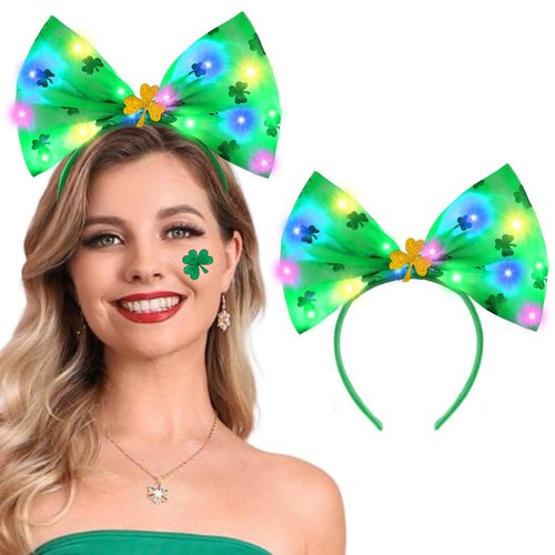 JEAIRTS St. Patrick's Headbands Light Up Bow Hair Band Green Shamrock Headpiece Irish Holiday Hair Accessories for Women