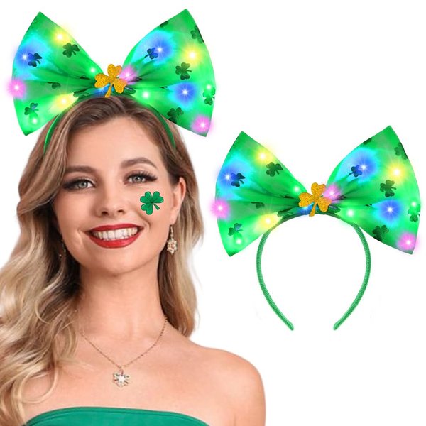 JEAIRTS St. Patrick's Headbands Light Up Bow Hair Band Green Shamrock Headpiece Irish Holiday Hair Accessories for Women