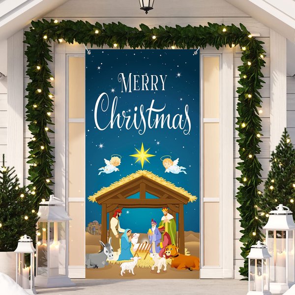 Christmas Nativity Scene Door Cover Merry Christmas Door Banner Backdrop Nativity Banner for Front Door Porch Holidays Decorations, 35 x 71 Inch