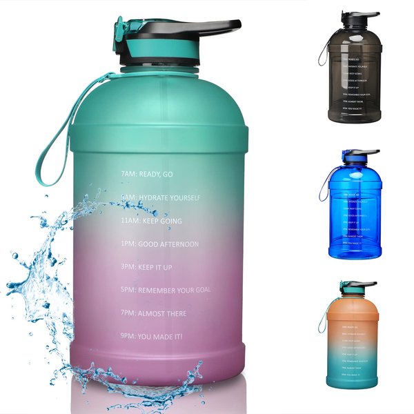 KEVENZ Water Bottle with Time Marker, 1 Gallon Water Bottle with Straw, Leakproof Water Jug, BPA Free, Green Purple