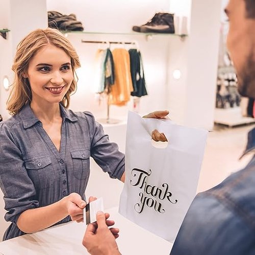 Thank You Bags for Small Business, 12 X 16 Inch Plastic Shopping Bags with Handles Retail Merchandise Bag Extra Thick Gift Bag Bulk (WHITE, 12" X 16")