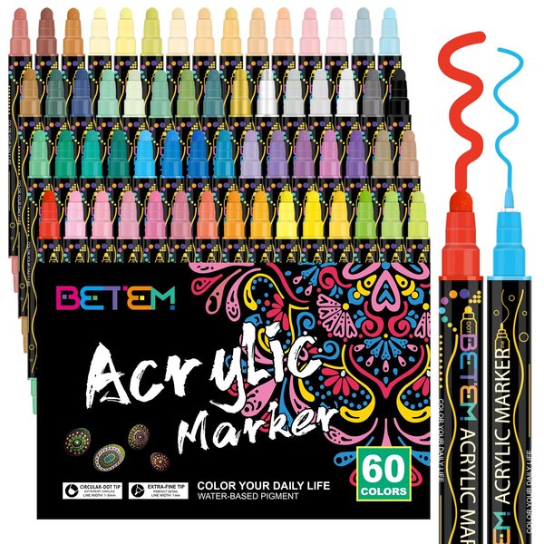Betem 60 Colors Dual Tip Acrylic Paint Pens Markers, Premium Acrylic Paint Pens for Wood, Canvas, Stone, Rock Painting, Glass, Ceramic Surfaces, DIY Crafts Making Art Supplies