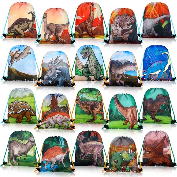 Weewooday 20 Pcs Dinosaur Party Favors Bags Dinosaur Drawstring Gift Bag Dinosaur Party Supplies Bags Backpack Treat Bag for Birthday Candy(Bright Style)