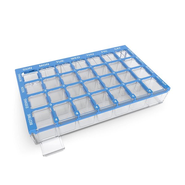 Ezy Dose Weekly (7-Day) Pill Case, Medicine Planner, Vitamin Organizer Box, Small Compartments with Easy Fill Tray, 4 Times a Day, Clear Lids, Color May Vary, BPA Free