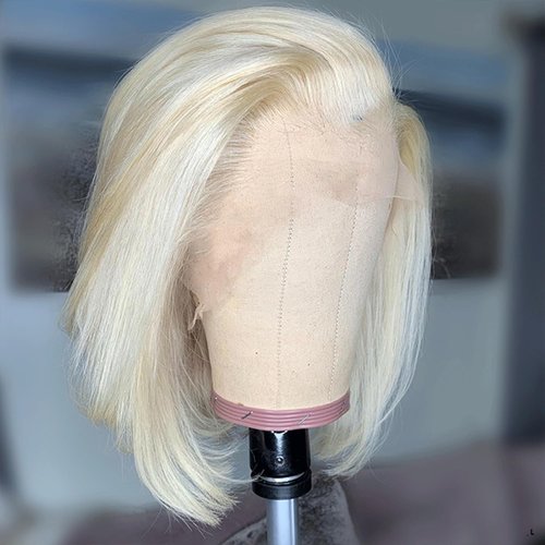 FINMOO Platinum Blonde Bob Wigs Human Hair Pre Plucked #60 Straight Bob Human Hair Wig 13x4 HD Transparent Lace Frontal Wig Glueless Blonde Lace Front Wigs for Women 12 Inch 180 Density
