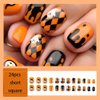 Halloween Cute Press on Nails Short Square Fake Nails Ghost False Nails with Checkerboard Chocolate Designs Glossy Full Cover Glue on Nails Reusable Artificial Nails for Women 24PCS (Orange&Black)