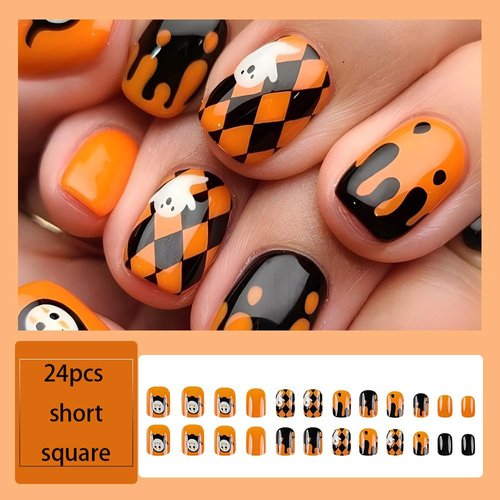 Halloween Cute Press on Nails Short Square Fake Nails Ghost False Nails with Checkerboard Chocolate Designs Glossy Full Cover Glue on Nails Reusable Artificial Nails for Women 24PCS (Orange&Black)