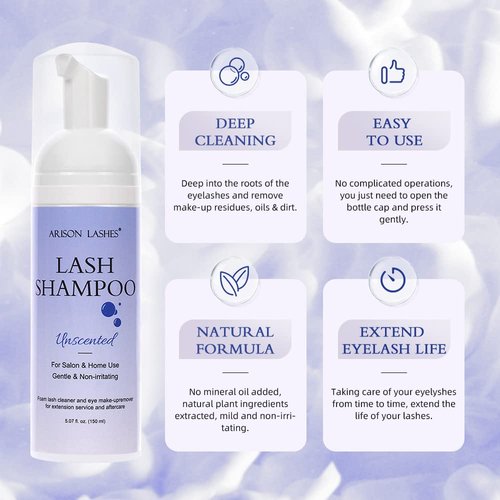 ARISON LASHES 150ml Lash Shampoo for Lash Extensions Eyelash Cleanser Eyelash Extension Cleanser Natural Lash Extension Shampoo Eyelid Foaming Cleanser Makeup Remover, for Home and Salon Use