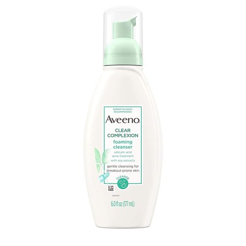 Aveeno Clear Complexion Foaming Oil-Free Facial Cleanser with Soy Extract & 0.5% Salicylic Acid, Acne Treatment Face Wash for Acne-Prone Skin, Sulfate-Free & Hypoallergenic, 6 fl. oz