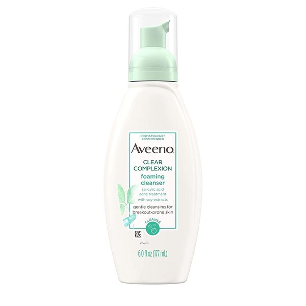 Aveeno Clear Complexion Foaming Oil-Free Facial Cleanser with Soy Extract & 0.5% Salicylic Acid, Acne Treatment Face Wash for Acne-Prone Skin, Sulfate-Free & Hypoallergenic, 6 fl. oz