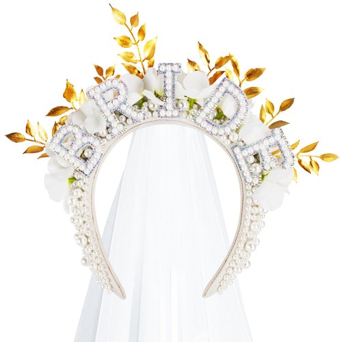 Edussy Bride Headband for Bachelorette - Bride To Be Outfit Pearl and Flowers Hair Accessory with Veil for Bachelorette Party Decorations Bridal Shower Gift Bride Accessories