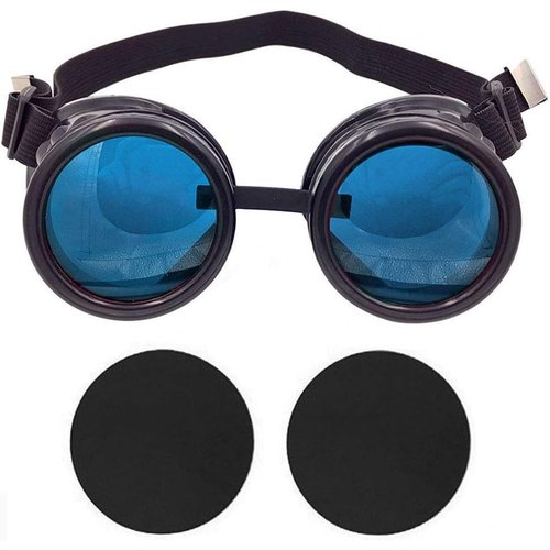 TamBee New Colored Diamond Lens Vintage Steampunk Goggles Glasses Welding Black With Blue Rechangeable Lens Halloween Face Mask