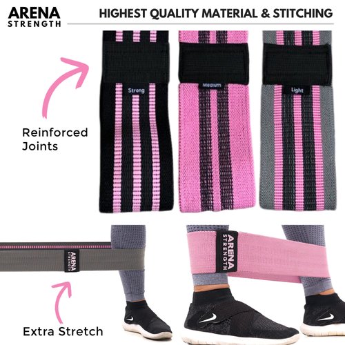 Arena Strength Fabric Exercise Booty Bands for Legs and Butt | Hip Resistance Bands Set of 3 with Workout Guide and Carry Case