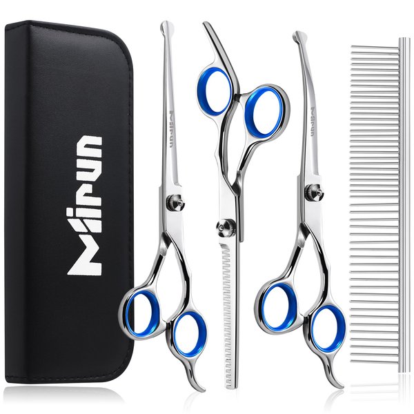 Dog Grooming Scissors, 5 In 1 Dog Grooming Kit, 4CR Stainless Steel Dog Scissors for Grooming, Sharp Grooming Scissors for Dogs with Safety Round Tip, Grooming Scissors for Cats & Dogs, Blue