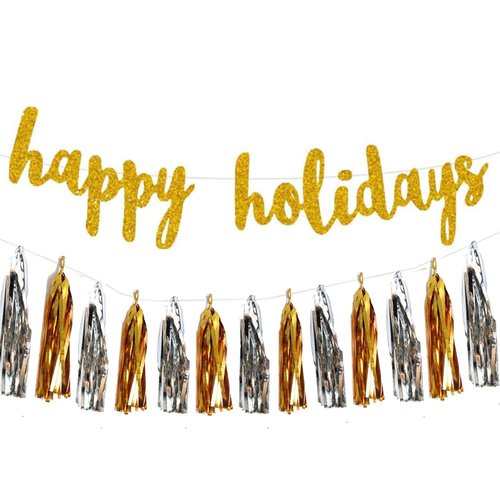 Happy Holiday Party Decorations, Happy Holiday Banner Decorations/Great for Holiday Party Backdrop Decorations Supplies/Home Office Decoration,Gold
