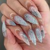 Press on Nails Medium Almond False Nails 3D Seashells Fake Nails Artificial Acrylic Nails Seashells Rhinestones Design French Tip Nails Full Cover Glossy Reusable Coffin Nails Glue on Nails for Women