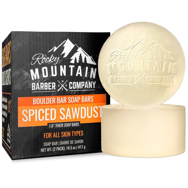 Men’s All-in-One Shampoo & Body Soap Bars – Extra Thick 1.6” Glycerin Hair & Body Soap Bars - 2 Soap Bars - Spiced Sawdust Scent - with Coconut Oil, Oat Protein & Cedarwood Oil - Made in USA - 14.5 oz