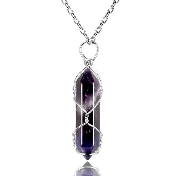 Filluck Tree of Life Wrapped Amethyst Hexagonal Necklace,Real Healing Pink Crystal Spiritual Pendant,Chakra Crystal Jewelry for Women