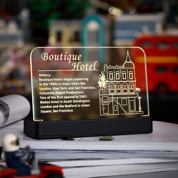 Kyglaring Glowing Clear Acrylic Name Plate with Power Base Designed for Lego Creator Boutique Hotel 10297 Building Set Sign Display (Glowing nameplate)