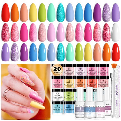 SAVILAND Dip Powder Nail Kit Starter: 20 Colors Clear Pink Rainbow Dipping Powder Set Castor Oil VE Dip Powder Liquid Set with Dip Base & Top Activator Brush Saver French Nail Art Manicure DIY Home